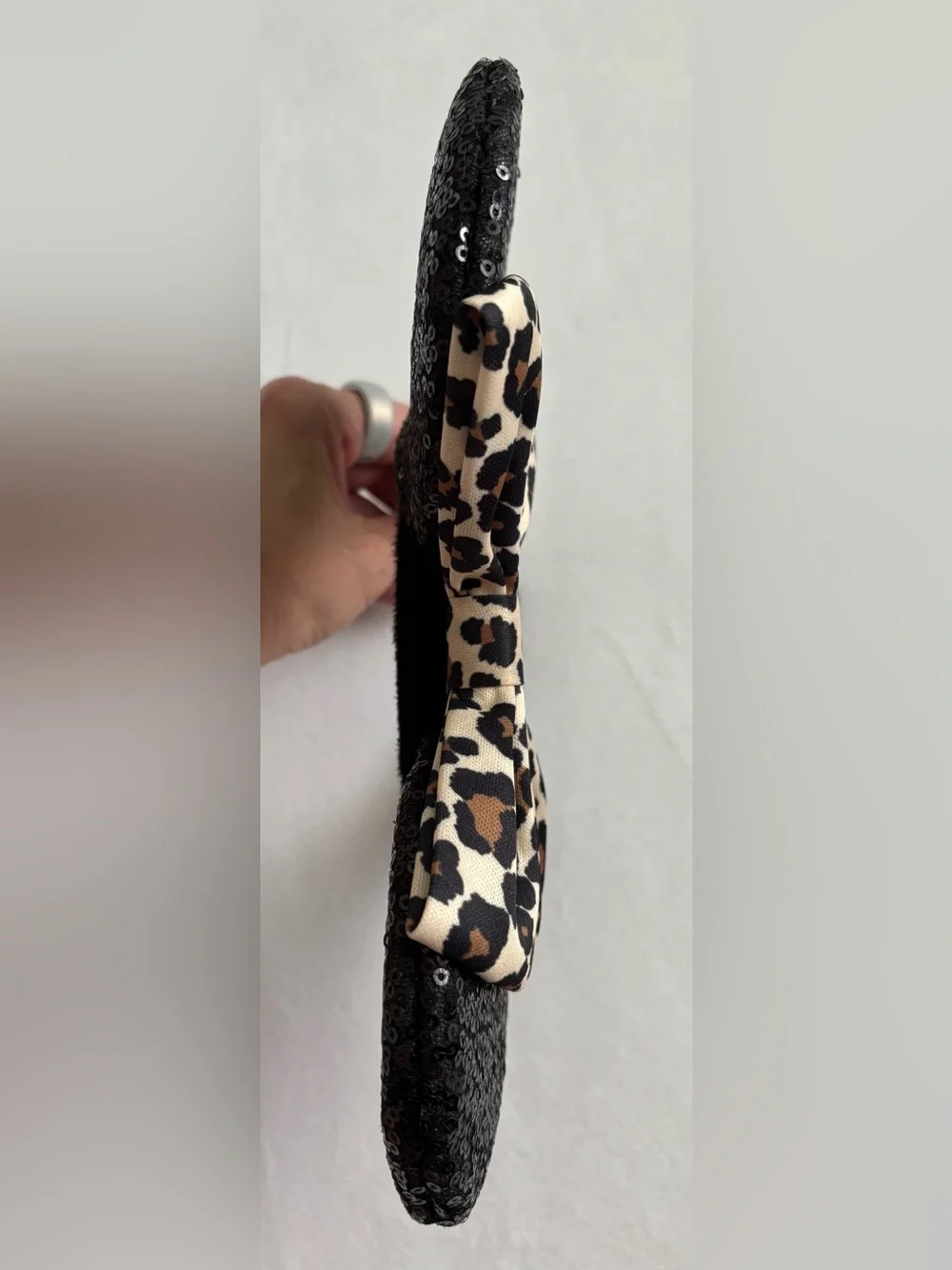 Minnie Mouse Black Sequin Ear Leopard Print Bow Headband